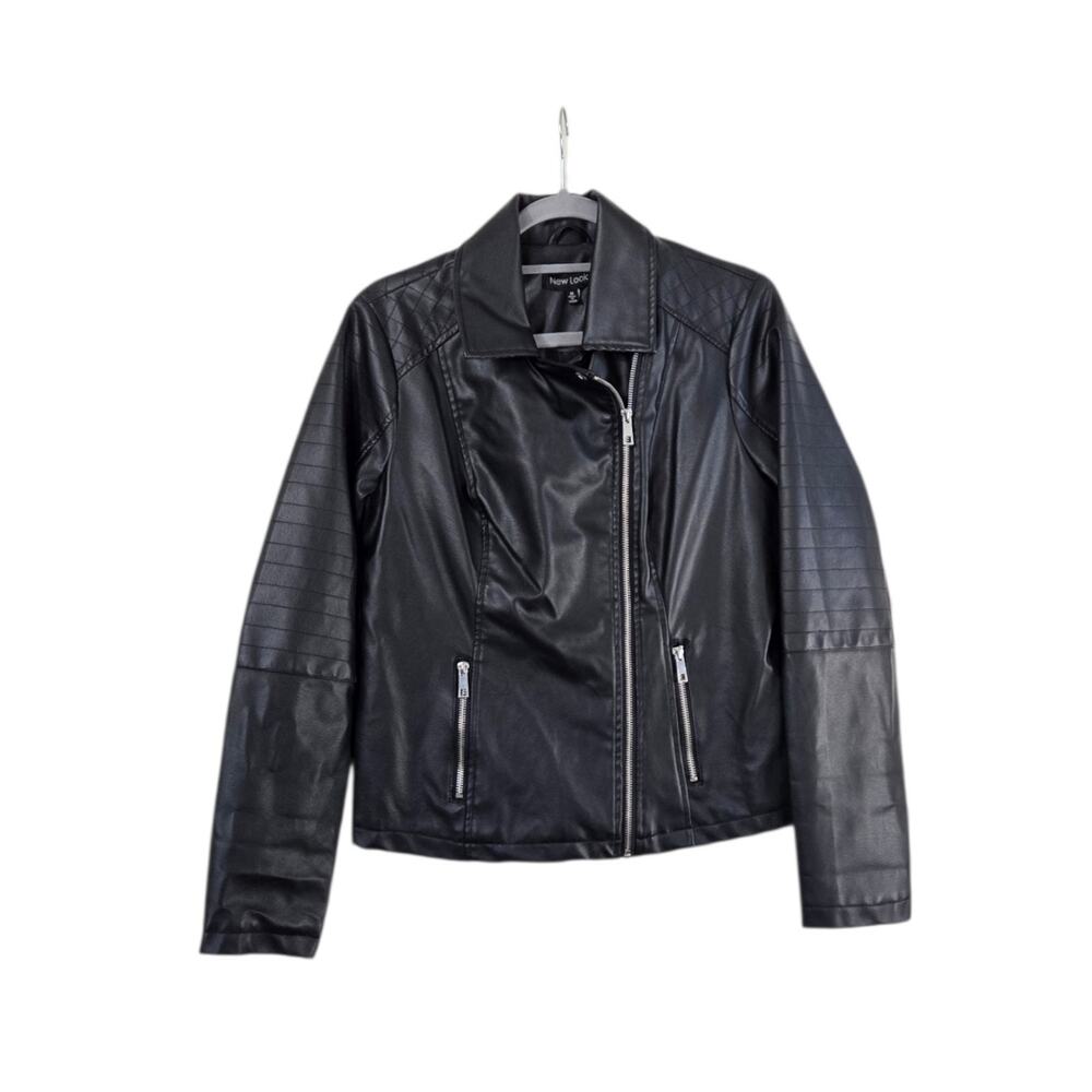 Black Faux Leather Asymmetrical Zip Quilted Moto Jacket New Look Women's Medium
